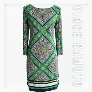 Vince Camuto long Sleeve Green Print Shift Dress sz 10